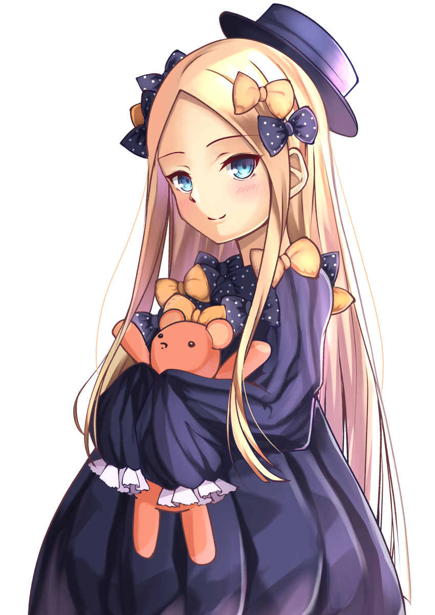 abigail_williams_(fate/grand_order) absurdres bangs black_bow black_dress black_hat blonde_hair blue_eyes blush bow closed_mouth commentary_request dress eyebrows_visible_through_hair fate/grand_order fate_(series) forehead hair_bow hat head_tilt highres long_hair long_sleeves looking_at_viewer mishiro0229 object_hug orange_bow parted_bangs polka_dot polka_dot_bow simple_background sleeves_past_fingers sleeves_past_wrists smile solo stuffed_animal stuffed_toy teddy_bear upper_body very_long_hair white_background