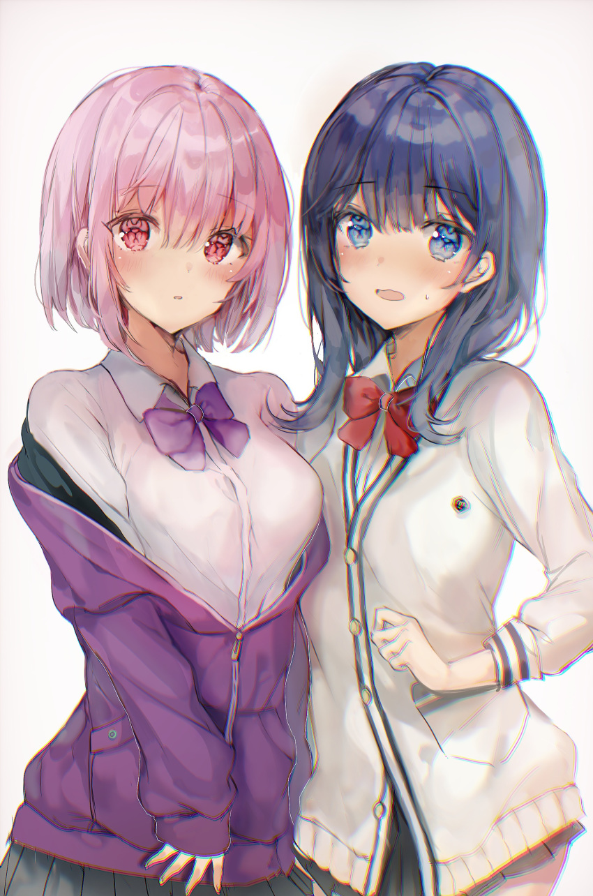 :o absurdres bad_id bad_pixiv_id bangs black_hair black_skirt blue_eyes bow bowtie button_gap cardigan collared_shirt eyebrows_visible_through_hair hair_between_eyes highres jacket lavender_hair long_hair long_sleeves looking_at_viewer microskirt multiple_girls off_shoulder open_mouth parted_lips pleated_skirt ptmko_d purple_bow purple_jacket purple_neckwear red_bow red_eyes red_neckwear school_uniform shinjou_akane shirt skirt sleeves_past_wrists ssss.gridman sweater takarada_rikka white_cardigan white_shirt white_sweater zipper_pull_tab