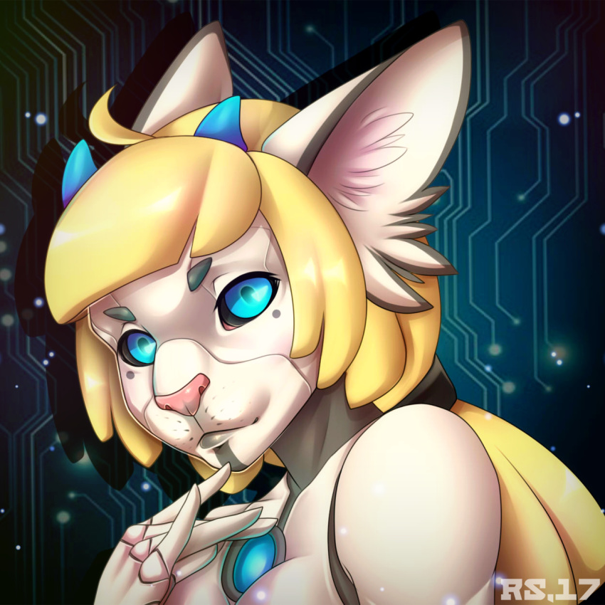 2017 5_fingers abstract_background android anthro biped black_ears black_sclera blonde_hair blue_eyes blue_horn bust_portrait cat eyebrows feline female grey_lips hair horn inner_ear_fluff long_hair looking_at_viewer machine mammal metallic_body pink_nose ponytail portrait radiant_scar robot shadow solo tentacletongue two_tone_ears white_body white_ears