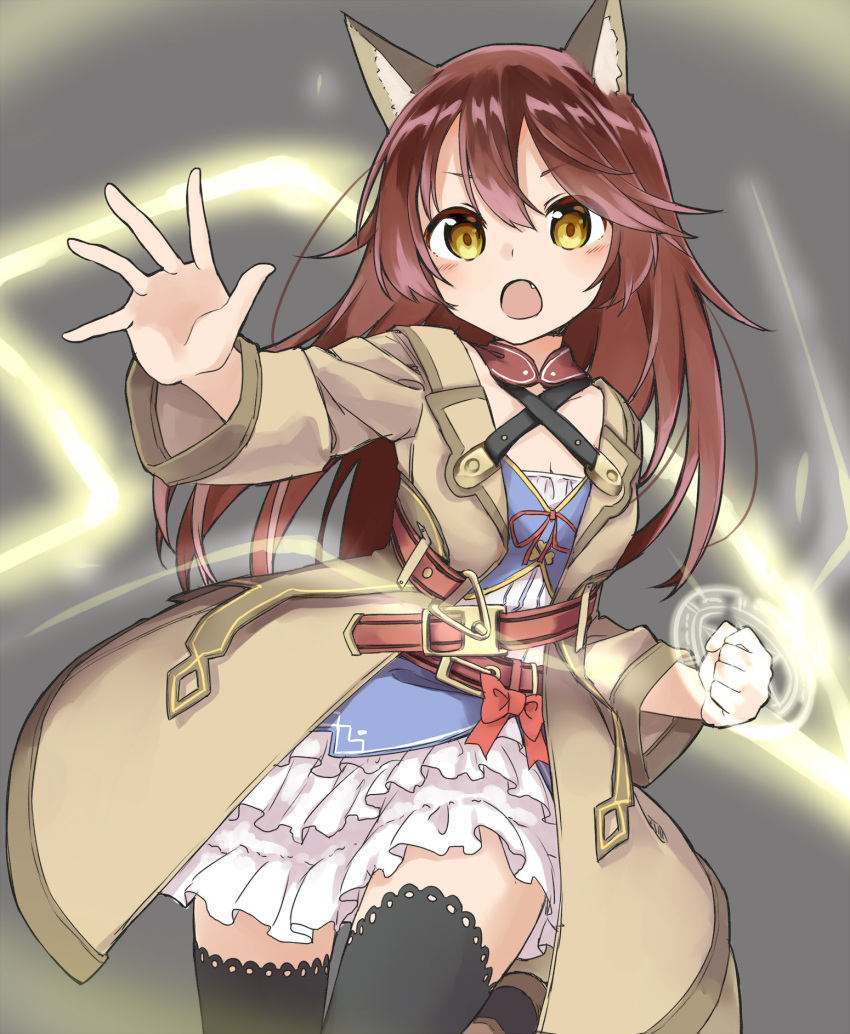 :o amane_rosylily animal_ear_fluff animal_ears bangs black_legwear blush bow breasts brown_coat brown_eyes brown_hair choker cleavage clenched_hand coat collarbone dress eyebrows_visible_through_hair fang fox_ears hair_between_eyes highres long_hair long_sleeves magic open_clothes open_coat open_mouth original red_bow sekira_ame small_breasts smile solo standing standing_on_one_leg thighhighs very_long_hair white_dress