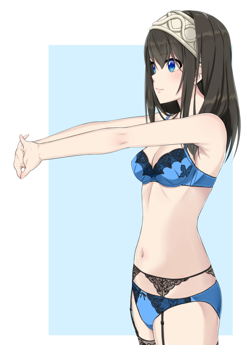 absurdres bangs black_hair black_legwear blue_background blue_bra blue_eyes blue_panties bow bow_panties bra breasts cleavage closed_mouth commentary cracking_knuckles eyebrows_visible_through_hair from_side garter_belt hairband hands_together highres idolmaster idolmaster_cinderella_girls interlocked_fingers k-ya. lace lace-trimmed_bra lace-trimmed_panties lace_legwear light_smile lips long_hair medium_breasts navel outside_border panties panties_over_garter_belt sagisawa_fumika solo standing stretch thighhighs underwear underwear_only white_hairband