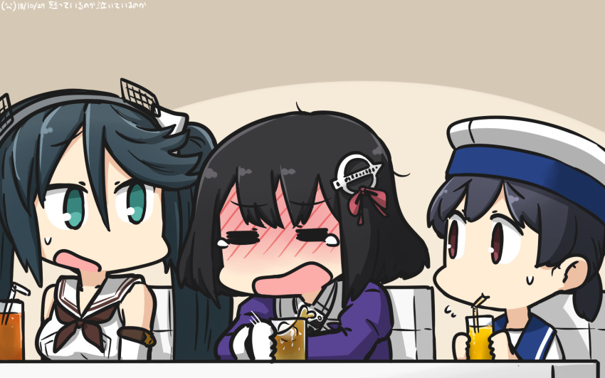=_= alcohol blue_sailor_collar blush brown_eyes brown_hair brown_neckwear check_commentary commentary_request cup dated detached_sleeves drink drinking_glass drinking_straw drunk eyebrows_visible_through_hair gloves green_eyes green_hair haguro_(kantai_collection) hair_ornament hamu_koutarou hat hiburi_(kantai_collection) highres ice isuzu_(kantai_collection) jacket juliet_sleeves kantai_collection long_hair long_sleeves multiple_girls neckerchief open_mouth partial_commentary puffy_sleeves purple_jacket sailor_collar sailor_hat school_uniform serafuku short_hair tears twintails white_gloves white_hat white_sailor_collar