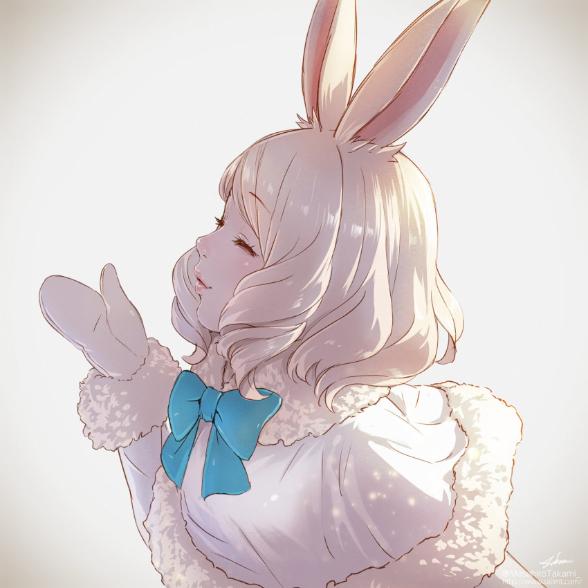 animal_ears arctic_hare_(kemono_friends) blown_kiss bow bowtie bunny_ears cloak closed_eyes commentary_request fur_trim highres kemono_friends mittens profile short_hair solo takami_masahiro upper_body white_hair winter_clothes