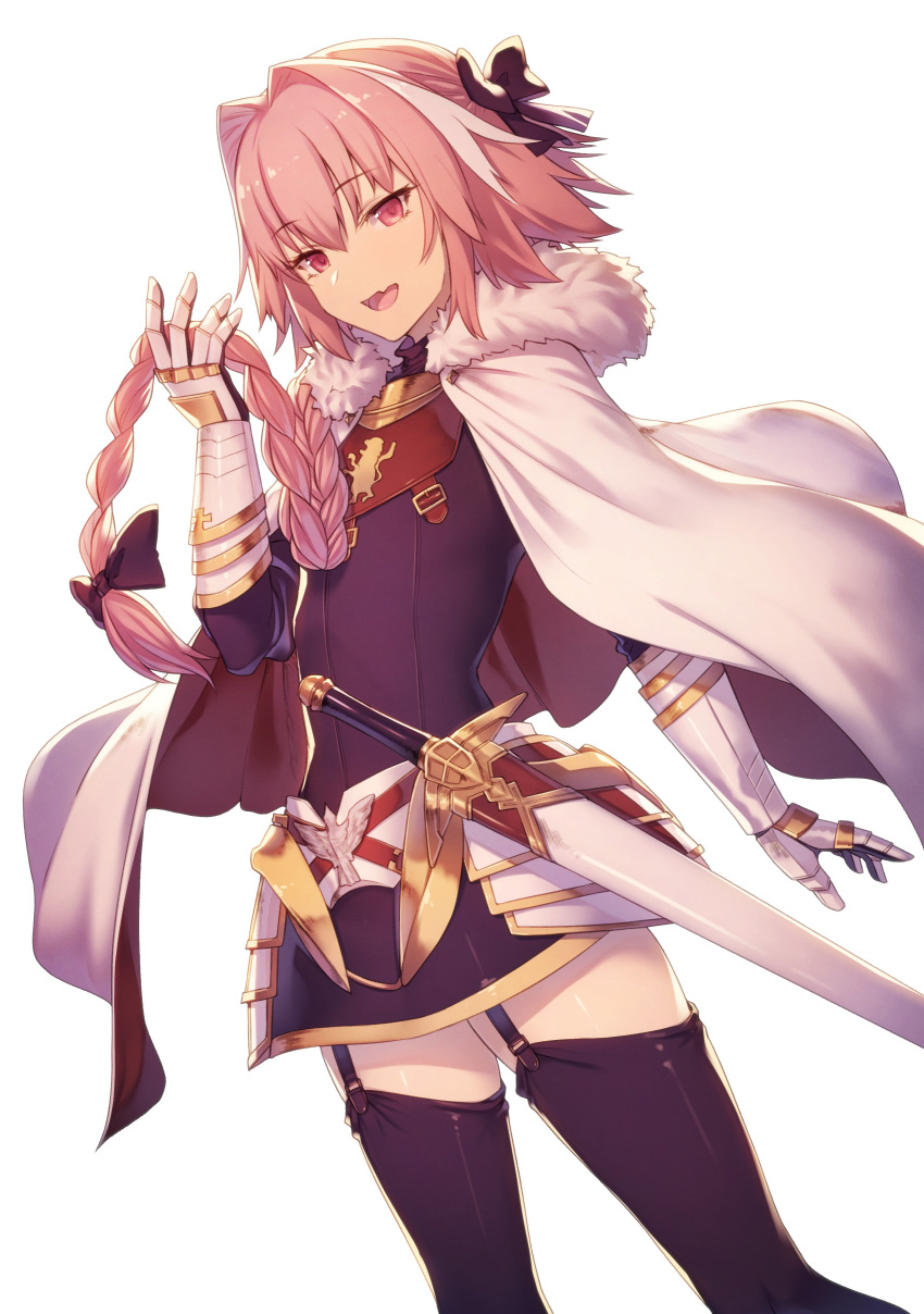 :d absurdres astolfo_(fate) black_bow black_legwear blurry bow braid cape chromatic_aberration commentary depth_of_field fang fate/apocrypha fate/grand_order fate_(series) garter_straps hair_bow hair_ribbon hand_in_hair highres ibuki_notsu long_hair looking_at_viewer male_focus open_mouth otoko_no_ko pink_hair purple_eyes ribbon simple_background single_braid smile solo sparkle standing standing_on_one_leg sword thighhighs weapon white_background