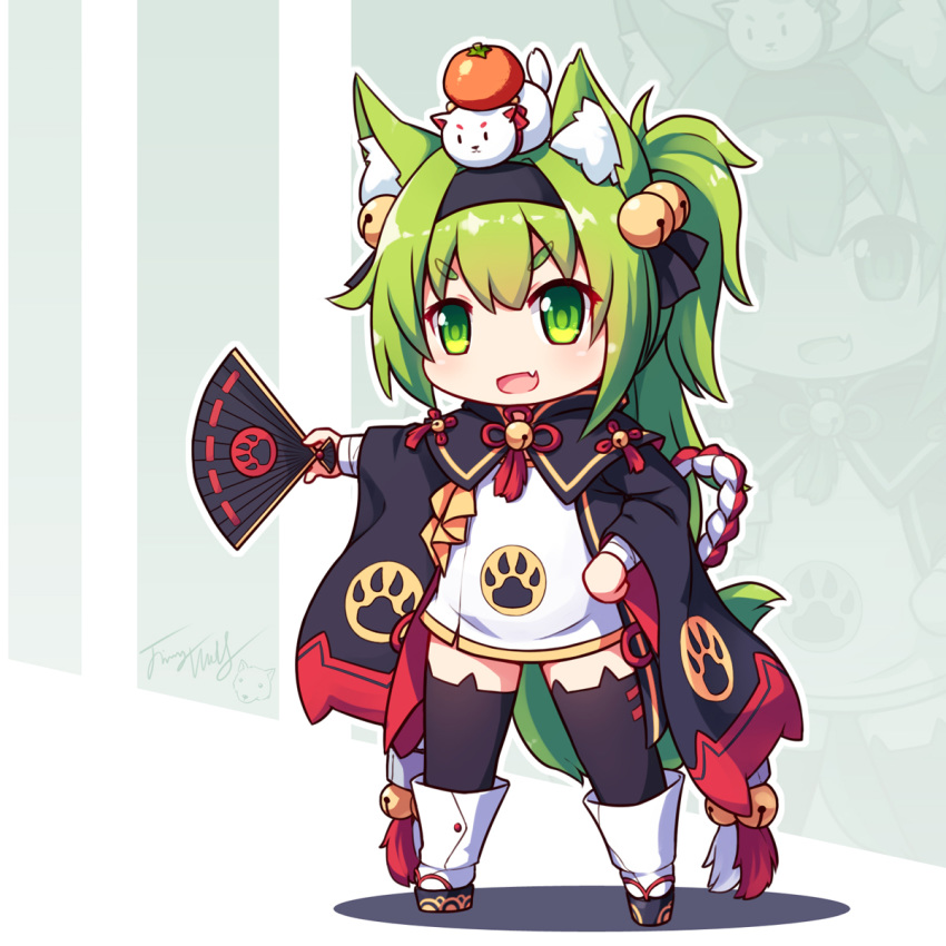 :d animal_band_legwear animal_ear_fluff animal_ears azur_lane bangs bell black_hairband black_legwear black_ribbon blush boots cat_band_legwear cat_ears chibi commentary_request dress eyebrows_visible_through_hair fan fang flower_knot folding_fan full_body green_eyes green_hair hair_bell hair_between_eyes hair_ornament hair_ribbon hairband highres holding holding_fan isokaze_(azur_lane) jingle_bell langbazi long_hair long_sleeves on_head open_mouth ribbon short_dress signature smile solo standing thick_eyebrows thighhighs thighhighs_under_boots v-shaped_eyebrows very_long_hair white_dress white_footwear wide_sleeves zoom_layer