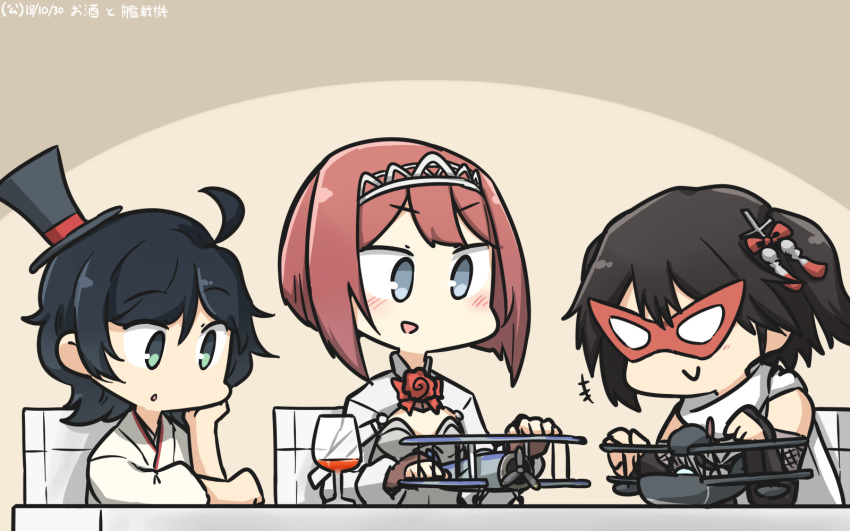 ahoge aichi_e11a aircraft aircraft_request airplane ark_royal_(kantai_collection) bangs black_gloves black_hair blue_eyes blunt_bangs bob_cut brown_gloves chair check_commentary commentary_request cup dated drinking_glass elbow_gloves fingerless_gloves furisode gloves green_eyes hair_ornament hairband hakama hamu_koutarou hand_on_own_face hat highres japanese_clothes kantai_collection kimono long_sleeves mask matsukaze_(kantai_collection) meiji_schoolgirl_uniform mini_hat mini_top_hat multiple_girls partial_commentary red_hair remodel_(kantai_collection) scarf school_uniform sendai_(kantai_collection) serafuku short_hair swept_bangs swordfish_(airplane) table tiara top_hat toy_airplane tsurime two_side_up upper_body wavy_hair white_scarf wine_glass