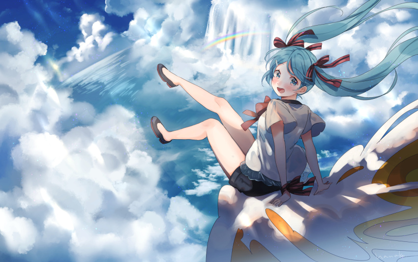 :d arms_behind_back bare_arms bare_legs black_footwear black_shorts blue_eyes blue_hair blue_sky blush bracelet cloud cloudy_sky day eyebrows_visible_through_hair floating_hair full_body hair_ornament hairclip hanako151 happy hatsune_miku jewelry leg_up long_hair looking_away looking_back open_mouth outdoors rainbow red_ribbon ribbon ribbon_hair sekiranun_graffiti_(vocaloid) shirt shorts sitting sky smile solo sunlight thighs twintails very_long_hair vocaloid water waterfall white_shirt