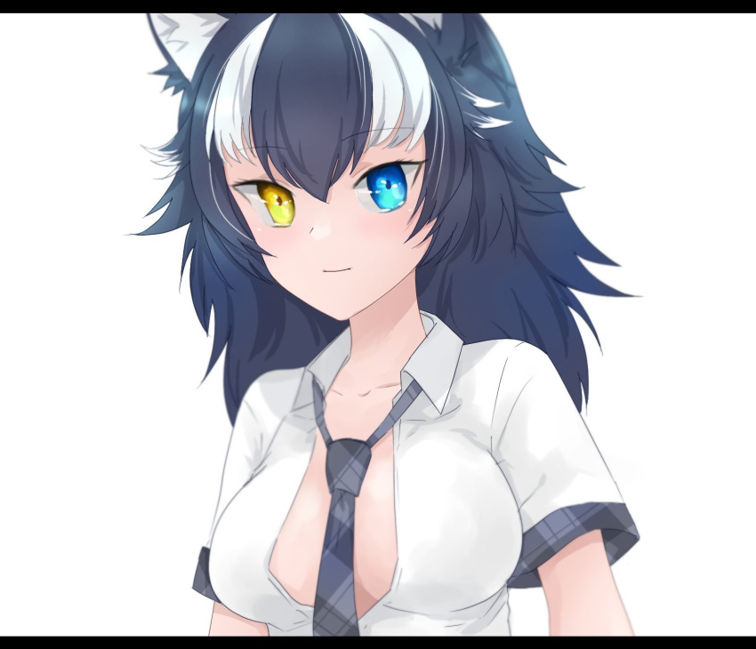 animal_ears between_breasts blue_eyes breasts closed_mouth collarbone grey_hair grey_wolf_(kemono_friends) heterochromia highres kemono_friends kino_(no_815_) large_breasts long_hair looking_at_viewer multicolored_hair necktie necktie_between_breasts open_clothes open_shirt simple_background solo two-tone_hair white_background white_hair wolf_ears wolf_girl yellow_eyes