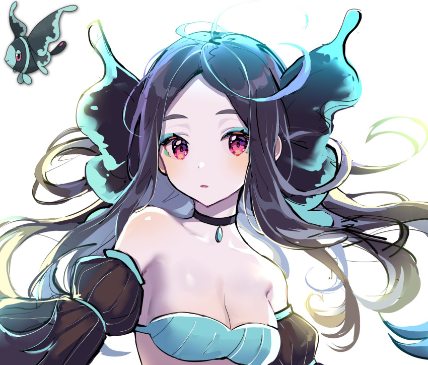 bare_shoulders black_hair blue_eyeshadow breasts choker cleavage collarbone commentary eyebrows fish ha_youn highres long_hair looking_at_viewer lumineon pale_skin parted_lips pokemon simple_background small_breasts solo symbol_commentary upper_body white_background