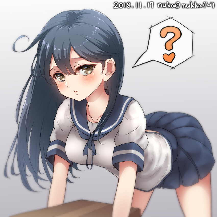 ? ahoge all_fours artist_name black_hair blue_sailor_collar blue_skirt box brown_eyes commentary_request cowboy_shot dated gradient gradient_background grey_background highres kantai_collection long_hair nuka_(nvkka) pleated_skirt sailor_collar school_uniform serafuku simple_background skirt solo twitter_username ushio_(kantai_collection)