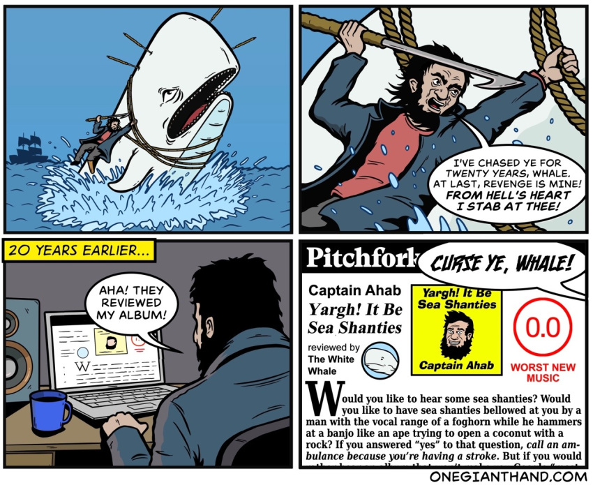 amputee beard beverage border captain_ahab cetacean coffee coffee_mug comic computer cup english_text facial_hair flag harpoon human humor laptop mammal marine melee_weapon moby_dick onegianthand pegleg pitchfork_(website) polearm prosthetic rope sea ship spear speech_bubble text url vehicle water weapon whale white_border