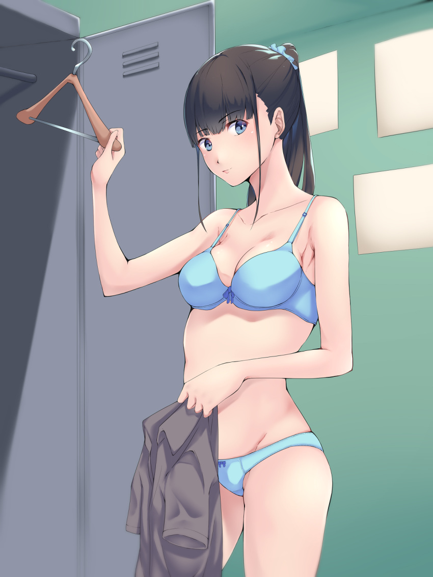 bangs black_hair black_mutou blue_bra blue_eyes blue_panties blue_scrunchie bow bow_bra bow_panties bra breasts changing_room cleavage closed_mouth clothes_hanger commentary cowboy_shot crotch_seam eyebrows_visible_through_hair grey_shirt highres holding holding_shirt indoors light_smile locker long_hair looking_at_viewer medium_breasts original panties ponytail scrunchie shirt shirt_removed solo standing underwear underwear_only undressing