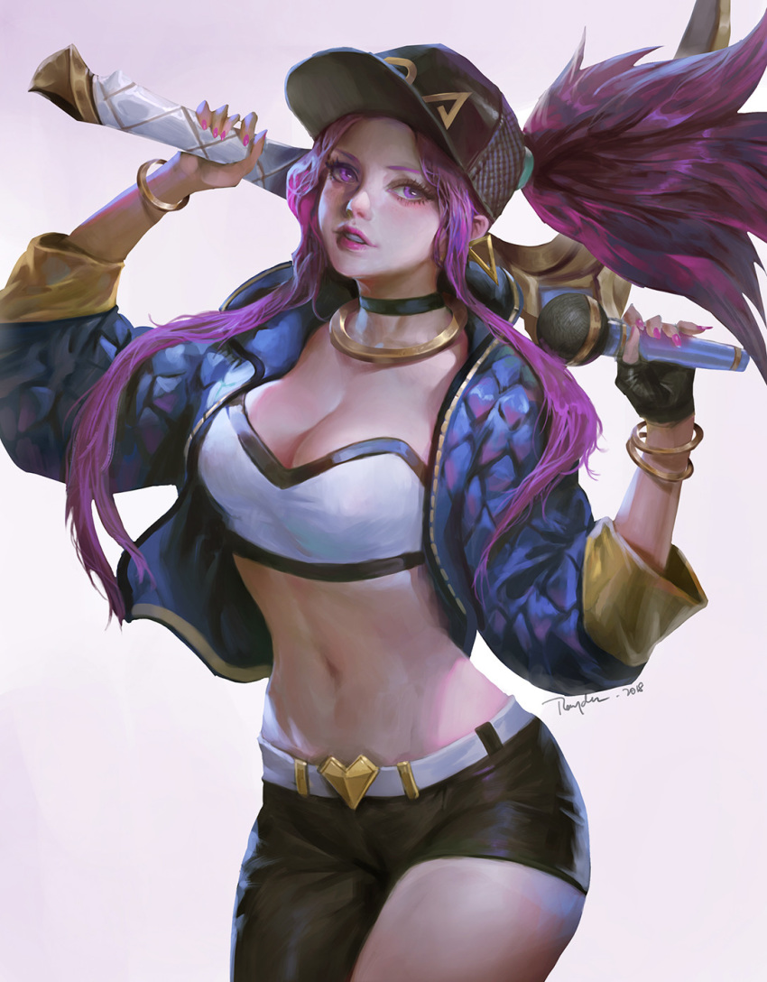 akali asymmetrical_clothes baseball_cap belt bracelet breasts choker cleavage commentary english_commentary fingerless_gloves gloves hat highres holding holding_microphone holding_weapon idol jacket jewelry k/da_(league_of_legends) k/da_akali league_of_legends microphone midriff nail_polish navel necklace parted_lips pink_nails ponytail purple_eyes purple_hair raydenchen solo standing stomach weapon