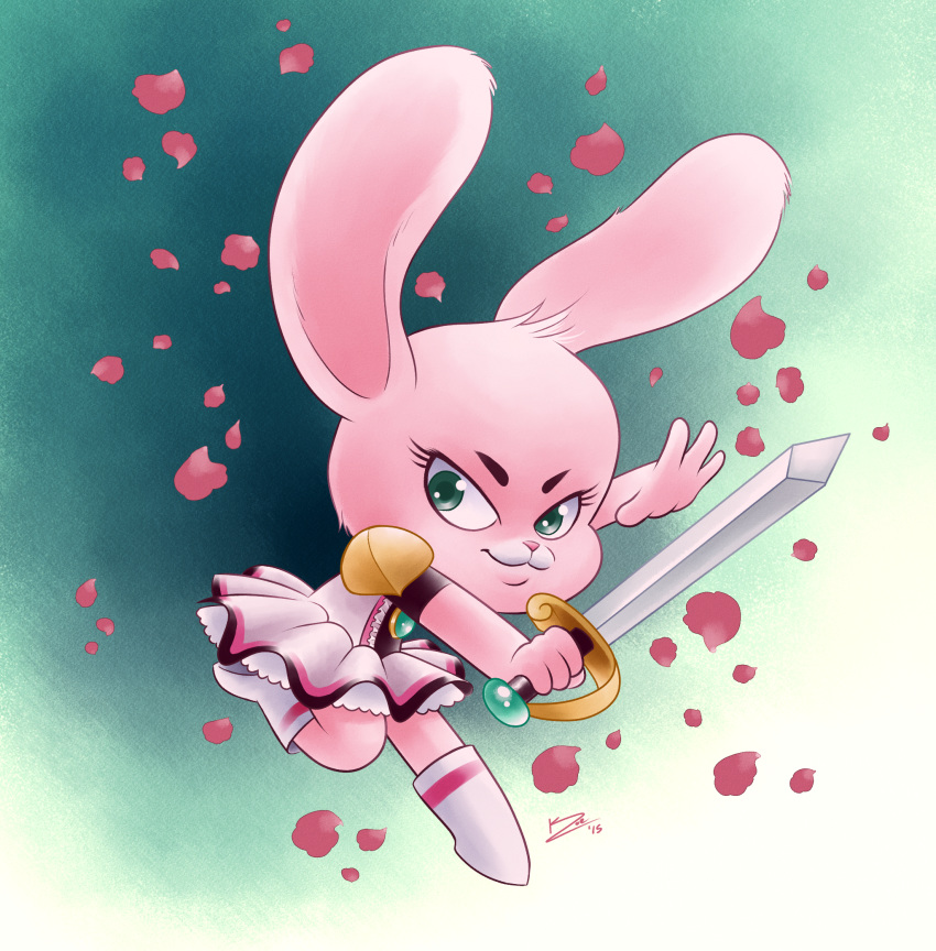 2015 4_fingers alternate_costume anais_watterson anthro boots cartoon_network clothed clothing digital_media_(artwork) dress female footwear fur green_eyes half-closed_eyes hi_res lagomorph looking_at_viewer mammal melee_weapon phoenixkenny pink_fur pose rabbit simple_background smile solo sword the_amazing_world_of_gumball weapon young