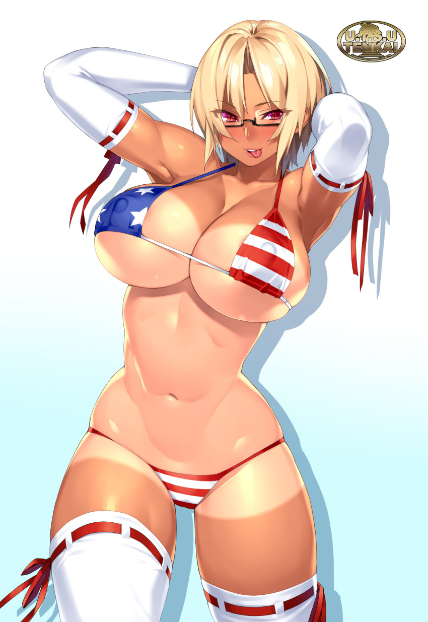 23_(real_xxiii) absurdres american_flag_bikini areola_slip areolae bikini blonde_hair blue_background breasts cleavage comitia commentary_request elbow_gloves eyebrows_visible_through_hair flag_print gakuen_taisen_valkyries glasses gloves highres huge_breasts large_breasts long_hair looking_at_viewer navel noel_fortenmayer red_eyes shadow simple_background solo swimsuit tan tanline tongue tongue_out white_gloves