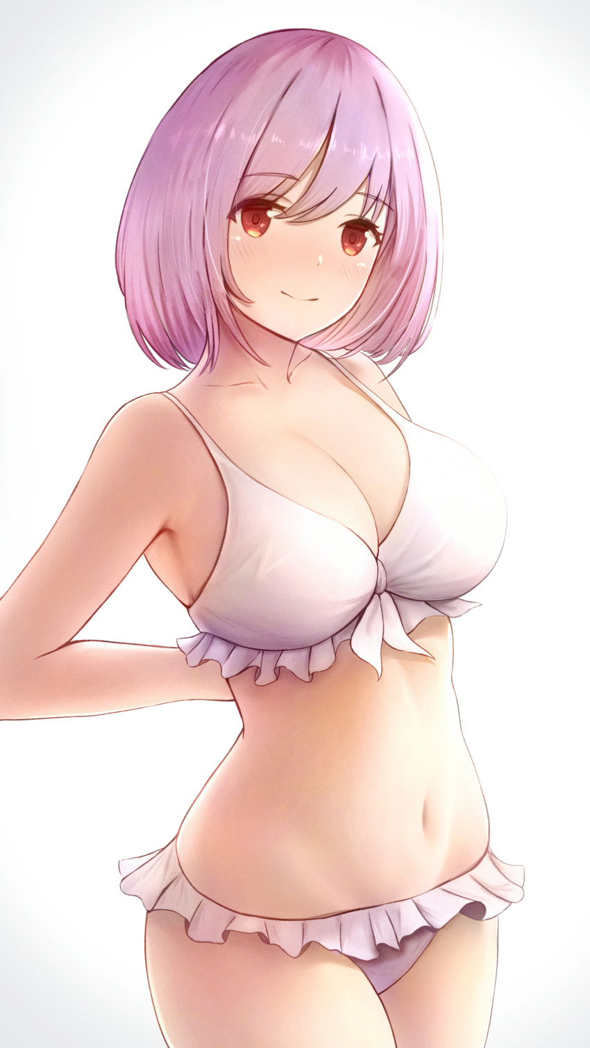 absurdres arms_behind_back bangs bare_shoulders bikini blush breasts cleavage closed_mouth collarbone curvy eyebrows_visible_through_hair fou_zi frilled_bikini frills highres large_breasts looking_at_viewer md5_mismatch navel orange_eyes pink_hair shinjou_akane short_hair simple_background smile ssss.gridman swimsuit white_background white_bikini
