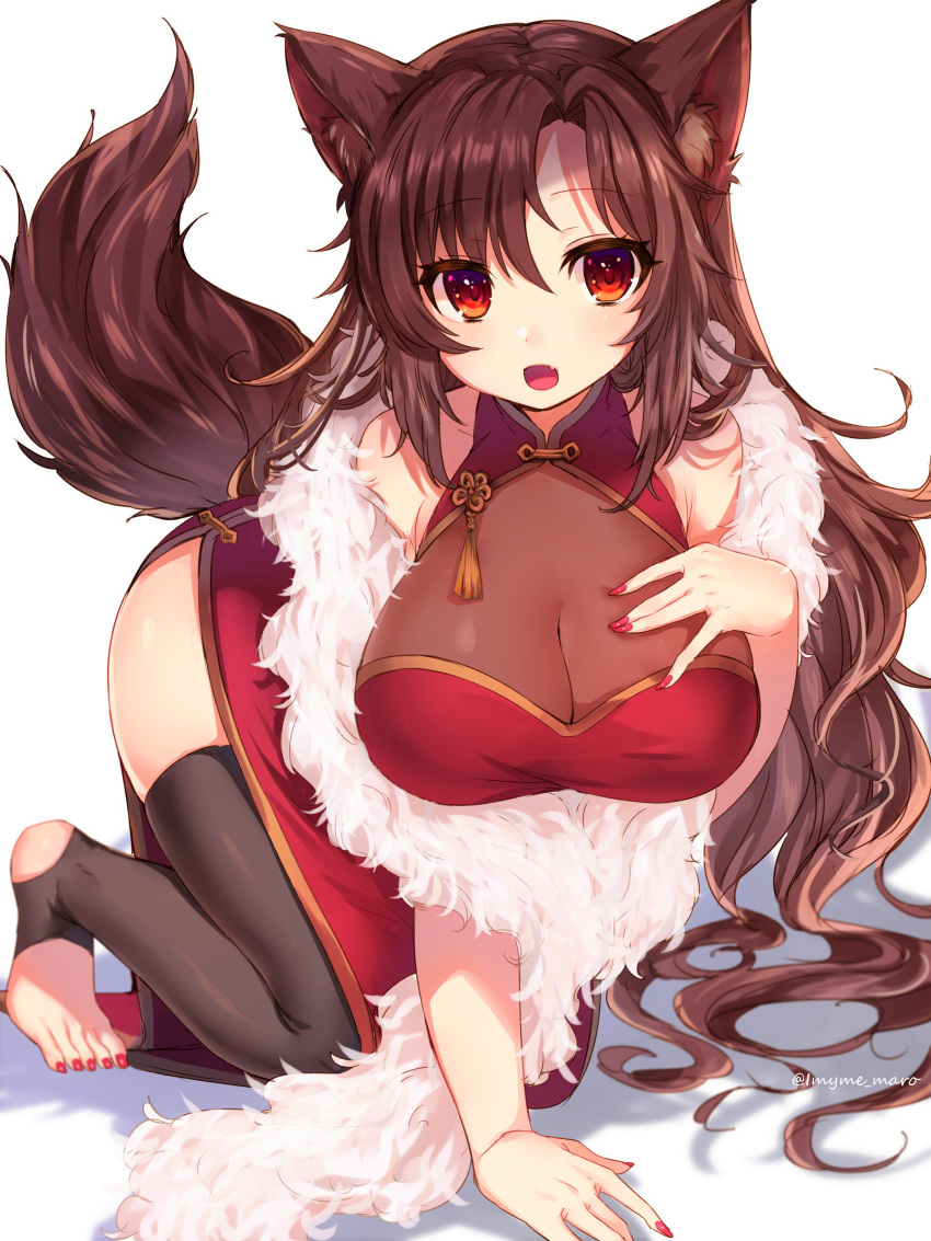 absurdres all_fours alternate_costume animal_ears bangs black_legwear breasts brown_hair china_dress chinese_clothes dress fang fur fur_trim hand_on_own_chest hanging_breasts highres imaizumi_kagerou large_breasts long_hair looking_at_viewer marota nail_polish open_mouth red_dress red_eyes red_nails simple_background solo stirrup_legwear tail tassel thighhighs toeless_legwear toenail_polish touhou twitter_username very_long_hair wavy_hair white_background wolf_ears wolf_tail