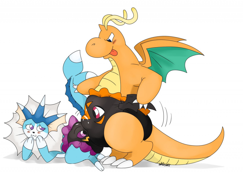 alternate_color animate_inanimate blush bulge diaper diaper_transformation digimon dragonite eeveelution group guilmon inanimate_transformation invalid_tag nelsonnoir nintendo pok&eacute;mon pok&eacute;mon_(species) purple_sclera renamon scalie signature tongue tongue_out transformation vaporeon video_games what