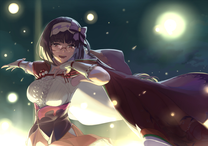 black_hair bow breasts center_frills cloak commentary_request eyebrows_visible_through_hair fate/grand_order fate_(series) frilled_shirt frills glasses hair_bobbles hair_bow hair_ornament hairband hood hood_down hooded_cloak large_breasts lempika long_hair long_sleeves osakabe-hime_(fate/grand_order) purple_bow purple_eyes shirt smile solo very_long_hair white_shirt
