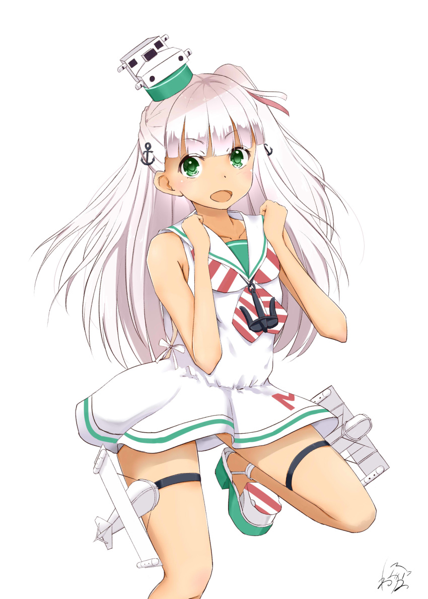 :d absurdres anchor_hair_ornament anchor_necklace bangs blunt_bangs clenched_hands dress eyebrows_visible_through_hair green_eyes hair_ornament hair_ribbon highres kantai_collection long_hair looking_at_viewer maestrale_(kantai_collection) neckerchief neve one_side_up open_mouth ribbon sailor_collar sailor_dress silver_hair sleeveless sleeveless_dress smile smokestack solo striped striped_neckwear torpedo_tubes white_dress white_ribbon