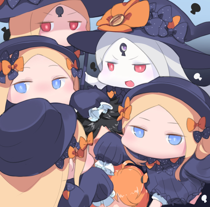 6+girls :d abigail_williams_(fate/grand_order) bangs black_bow black_dress black_hair black_hat blonde_hair bloomers blue_eyes blush bow bug butterfly chibi commentary_request dress eyebrows_visible_through_hair facing_away fate/grand_order fate_(series) forehead fujimaru_ritsuka_(female) fujimaru_ritsuka_(male) hair_bow hat highres insect keyhole long_hair long_sleeves multiple_girls multiple_persona open_mouth orange_bow parted_bangs polka_dot polka_dot_bow red_eyes silver_hair sleeves_past_fingers sleeves_past_wrists smile underwear usuaji v-shaped_eyebrows very_long_hair white_bloomers white_skin witch_hat