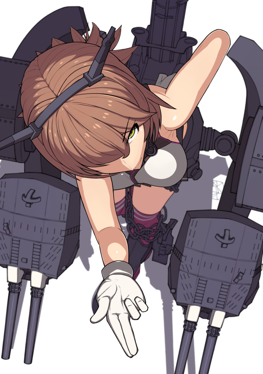 absurdres anchor bare_shoulders blown_kiss breasts brown_hair chain flipped_hair from_above gloves green_eyes headgear highres kantai_collection karasuma_kuraha large_breasts mutsu_(kantai_collection) red_legwear rigging shadow short_hair simple_background smokestack solo turret white_background white_gloves