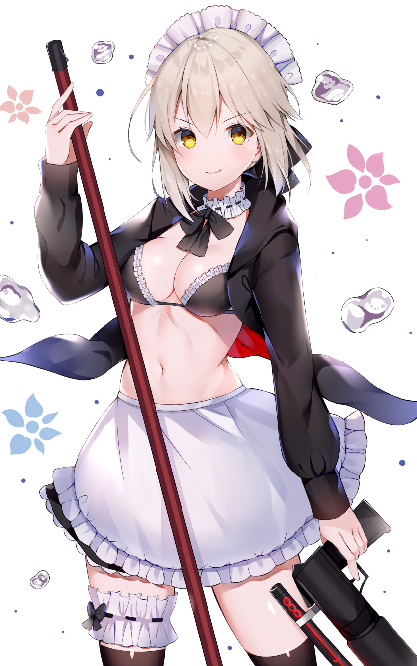 absurdres aozora_nan apron artoria_pendragon_(all) artoria_pendragon_(swimsuit_rider_alter) bangs black_bikini_top black_jacket black_skirt breasts brown_eyes brown_legwear cleavage closed_mouth commentary_request eyebrows_visible_through_hair fate/grand_order fate_(series) frilled_apron frilled_bikini_top frills gun hair_between_eyes hand_up handgun highres holding holding_gun holding_weapon jacket light_brown_hair long_sleeves looking_at_viewer medium_breasts navel pistol sidelocks simple_background skirt smile solo thighhighs waist_apron water_drop weapon weapon_request white_apron white_background