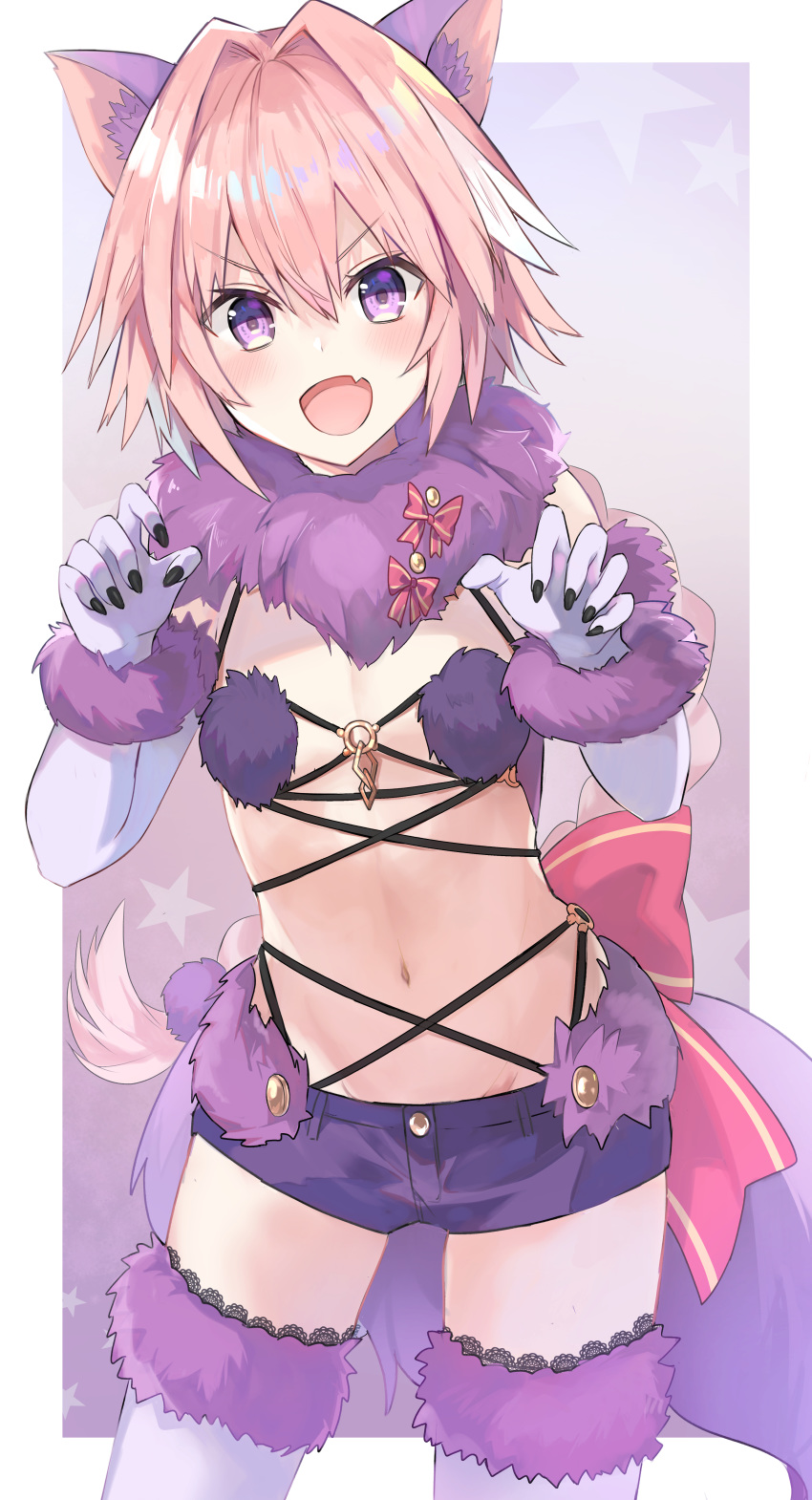 absurdres androgynous animal_ear_fluff animal_ears astolfo_(fate) blush braid claw_pose claws commentary_request contrapposto cosplay dangerous_beast elbow_gloves fang fate/apocrypha fate/grand_order fate_(series) fur-trimmed_gloves fur-trimmed_legwear fur_collar fur_trim gloves halloween_costume highres kusumoto_touka lace lace-trimmed_thighhighs long_braid long_hair looking_at_viewer male_focus mash_kyrielight mash_kyrielight_(cosplay) multicolored_hair navel o-ring o-ring_top open_mouth otoko_no_ko pink_hair purple_eyes purple_gloves purple_legwear revealing_clothes short_shorts shorts single_braid solo streaked_hair tail thighhighs v-shaped_eyebrows very_long_hair wolf_ears wolf_tail