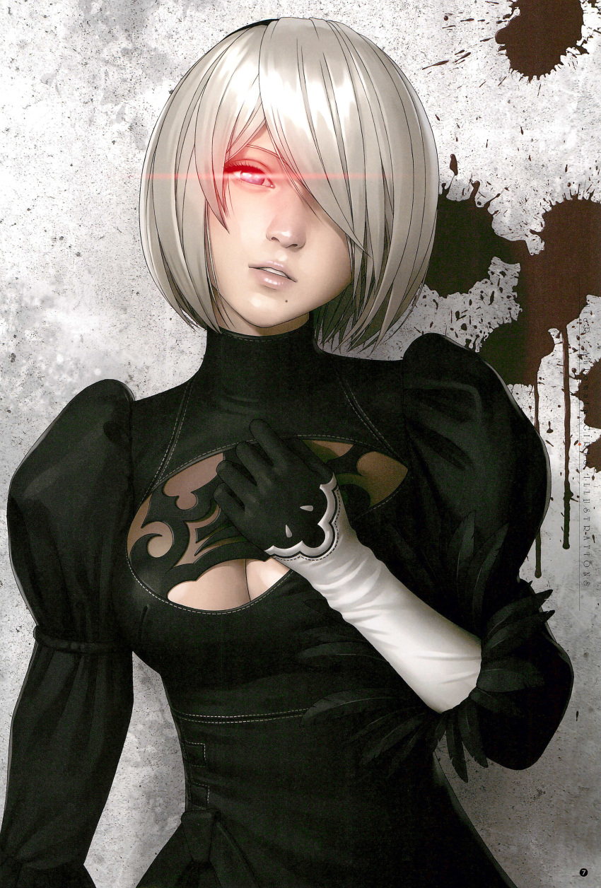 absurdres black_dress black_hairband breasts cleavage_cutout dress feather-trimmed_sleeves glowing glowing_eyes hairband highres looking_at_viewer medium_breasts mole mole_under_mouth nier_(series) nier_automata pale_skin parted_lips red_eyes short_hair silver_hair solo upper_body watanabe_yasuaki yorha_no._2_type_b