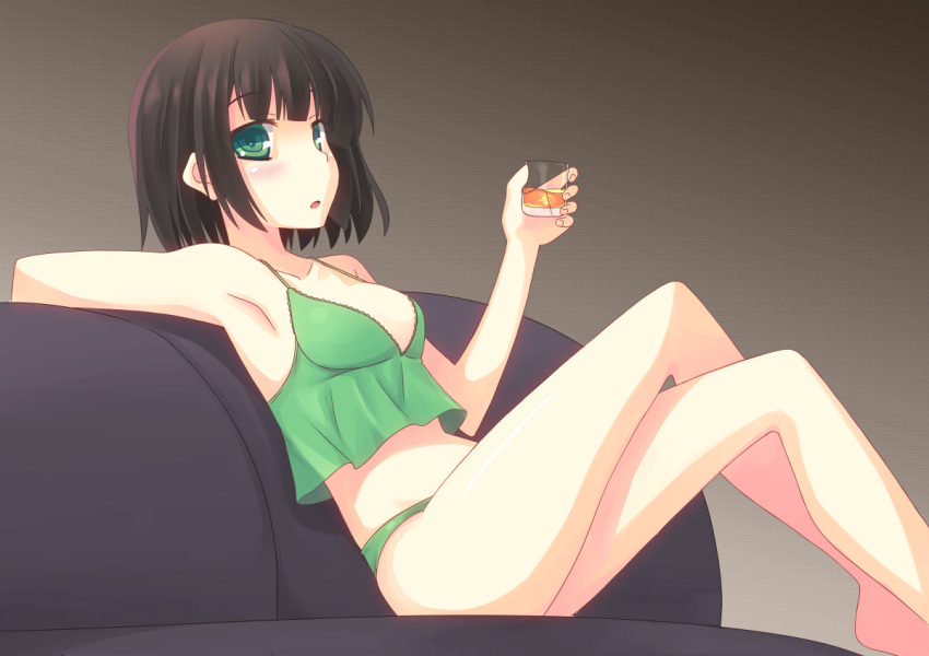 :o alcohol armpits bangs black_hair breasts camisole couch cropped_arms crossed_arms cup drink drinking_glass eyebrows_visible_through_hair green_eyes green_panties holding holding_cup kyomachi_seika legs looking_at_viewer medium_breasts panties short_hair sitting solo strap_gap sumikaze underwear voiceroid