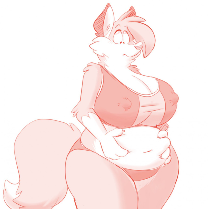 anthro belly belly_grab big_belly big_breasts blush bra breasts canine clothed clothing deep_navel embarrassed female fox hand_on_stomach hi_res huge_breasts mammal midriff navel nipple_bulge overweight overweight_female panties simple_background solo titsunekitsune underwear zera_(titsunekitsune)