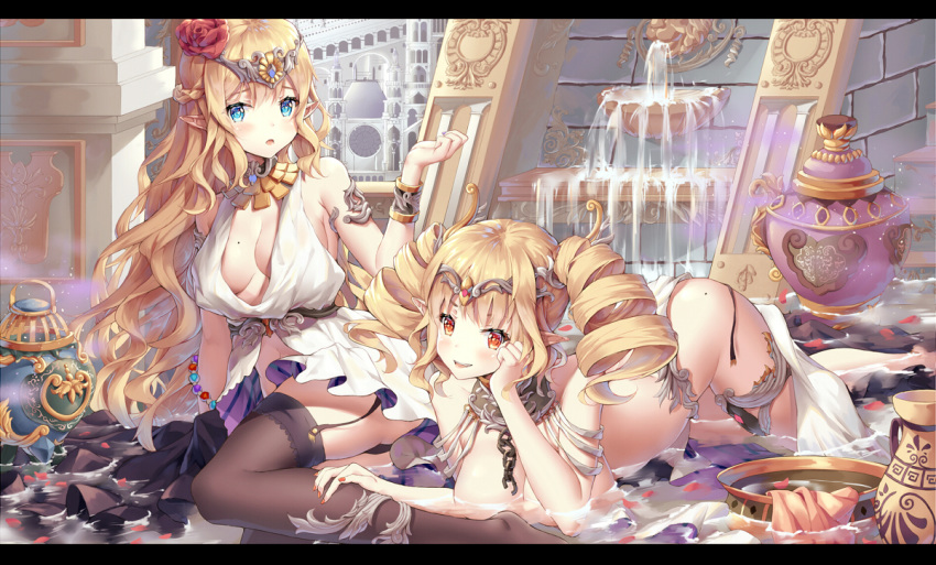 :o bangs black_legwear blonde_hair blue_eyes bracelet braid breasts chain cleavage collarbone dress drill_hair elf flower fountain french_braid garter_straps hair_flower hair_ornament hand_on_another's_leg hand_on_own_cheek hand_up jewelry large_breasts leg_garter long_hair looking_at_viewer lying mole mole_on_breast mole_on_thigh multiple_girls navel nude on_stomach open_mouth original petals petals_on_liquid pointy_ears red_eyes revealing_clothes sitting smile thigh_strap thighhighs twintails underwater vase very_long_hair water white_dress xi_zhujia_de_rbq