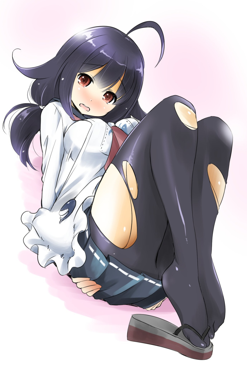 :o ahoge apron black_legwear blush breasts dutch_angle eyebrows_visible_through_hair hair_flaps highres kantai_collection large_breasts looking_at_viewer low_twintails neckerchief open_mouth pantyhose pleated_skirt purple_hair red_eyes red_neckwear sandals school_uniform serafuku simple_background skirt solo taigei_(kantai_collection) taisinkoku torn_clothes torn_legwear twintails white_background