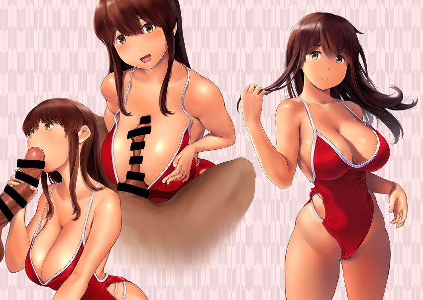 1girl akagi_(kantai_collection) bangs bare_shoulders blush breast_squeeze breasts brown_hair casual_one-piece_swimsuit censored cleavage closed_mouth collarbone commentary_request erection fellatio hand_in_hair hand_on_another's_penis handjob head_out_of_frame hetero highleg highleg_swimsuit highres hip_bones hips huge_penis kantai_collection large_breasts light_brown_eyes long_hair multi-strapped_swimsuit multiple_views one-piece_swimsuit open_mouth oral paizuri patterned_background penis pink_background red_swimsuit smile solo_focus straight_hair strap_gap swimsuit testicles thighs wa_(genryusui) yagasuri