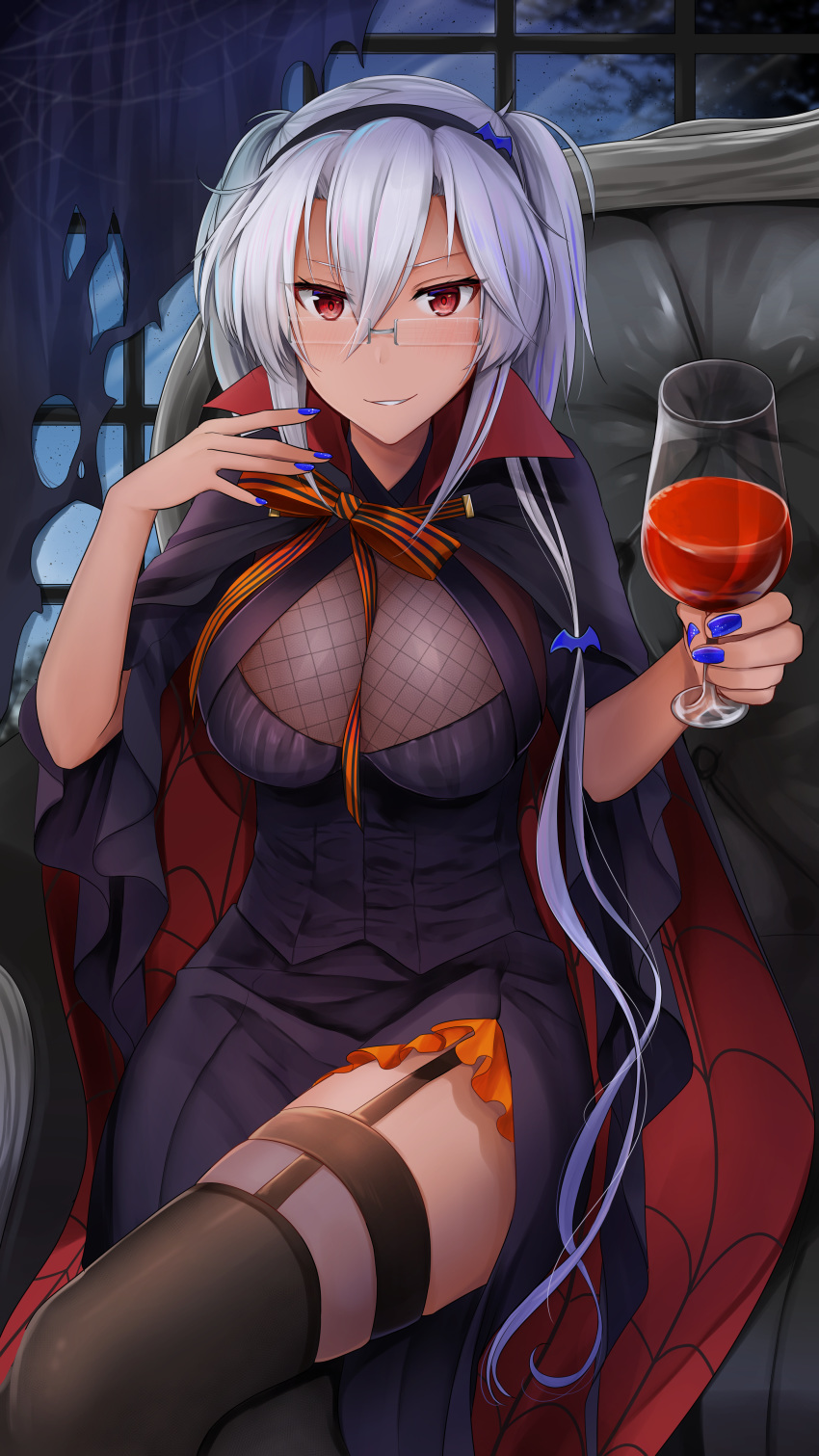 absurdres between_breasts black_cape black_dress blue_nails breasts cape cleavage commentary_request couch crossed_legs cup dark_skin dress drinking_glass finger_to_mouth garter_straps glasses grin hair_between_eyes hairband halloween_costume highres huge_filesize indoors kantai_collection large_breasts looking_at_viewer musashi_(kantai_collection) nail_polish night red_eyes silk sitting smile solo spider_web twintails vampire white_hair wine_glass yunamaro