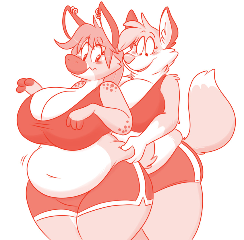 2018 anthro belly belly_grab big_belly big_breasts blush bra breasts canine cervine cleavage clothed clothing duo ear_piercing embarrassed female female/female fox fur huge_breasts inner_ear_fluff interspecies mammal navel overweight overweight_female piercing spots titsunekitsune underwear zera_(titsunekitsune)