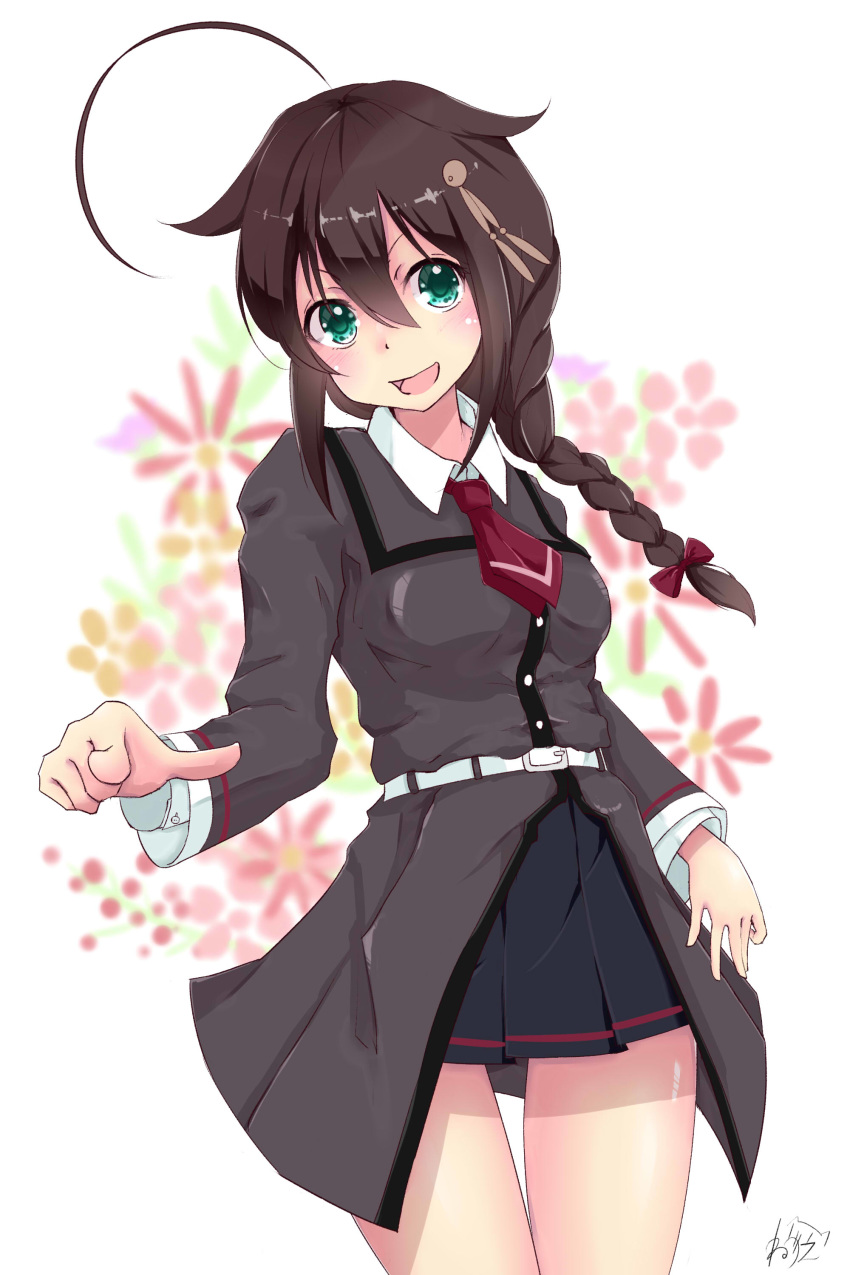 :d absurdres ahoge belt black_skirt braid brown_hair brown_jacket green_eyes hair_flaps hair_ornament hair_over_shoulder highres jacket kantai_collection long_hair looking_at_viewer necktie neve open_mouth pleated_skirt red_neckwear remodel_(kantai_collection) shigure_(kantai_collection) single_braid skirt smile solo v-shaped_eyebrows