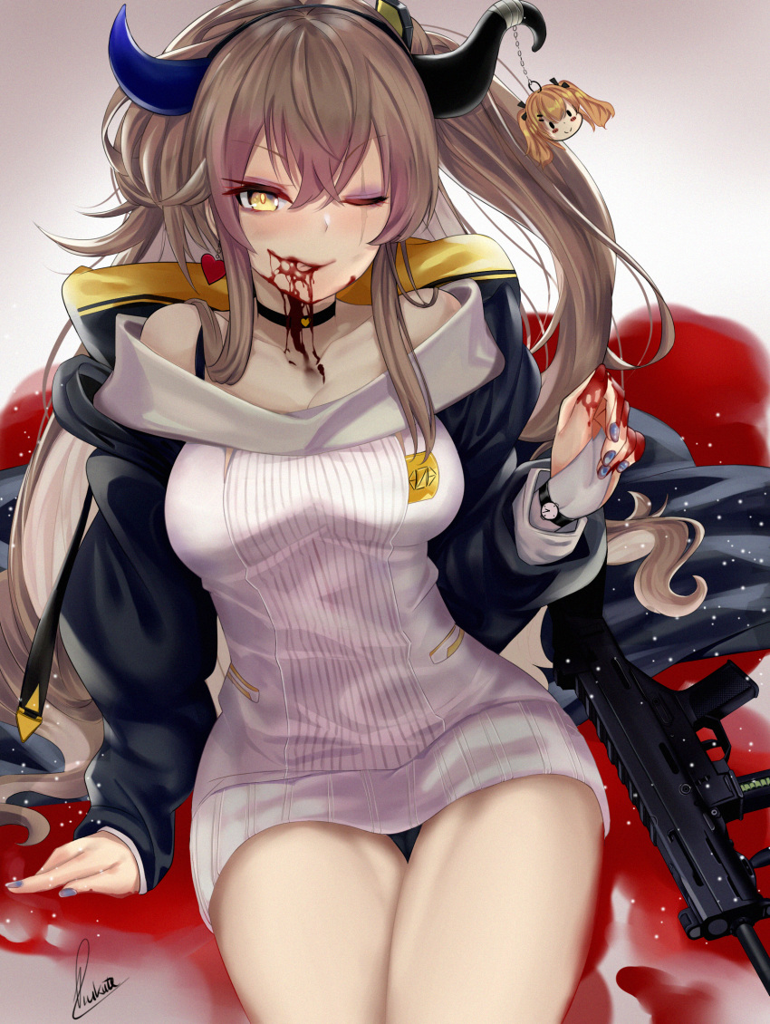 arm_support bangs blood blue_nails blush breasts bridal_gauntlets brown_hair character_doll choker cleavage coat collarbone commentary dress earrings eyebrows_visible_through_hair eyeshadow girls_frontline gun h&amp;k_ump45 hair_between_eyes hair_ornament hairband hand_up heart heart_earrings highres hooded_coat horns jewelry licking_lips long_hair looking_at_viewer makeup medium_breasts nail_polish off-shoulder_dress off_shoulder one_side_up open_clothes open_coat piukute062 pool_of_blood scar scar_across_eye sidelocks signature single_strap sitting smile sweater sweater_dress tongue tongue_out ump45_(girls_frontline) ump9_(girls_frontline) very_long_hair watch weapon yellow_eyes