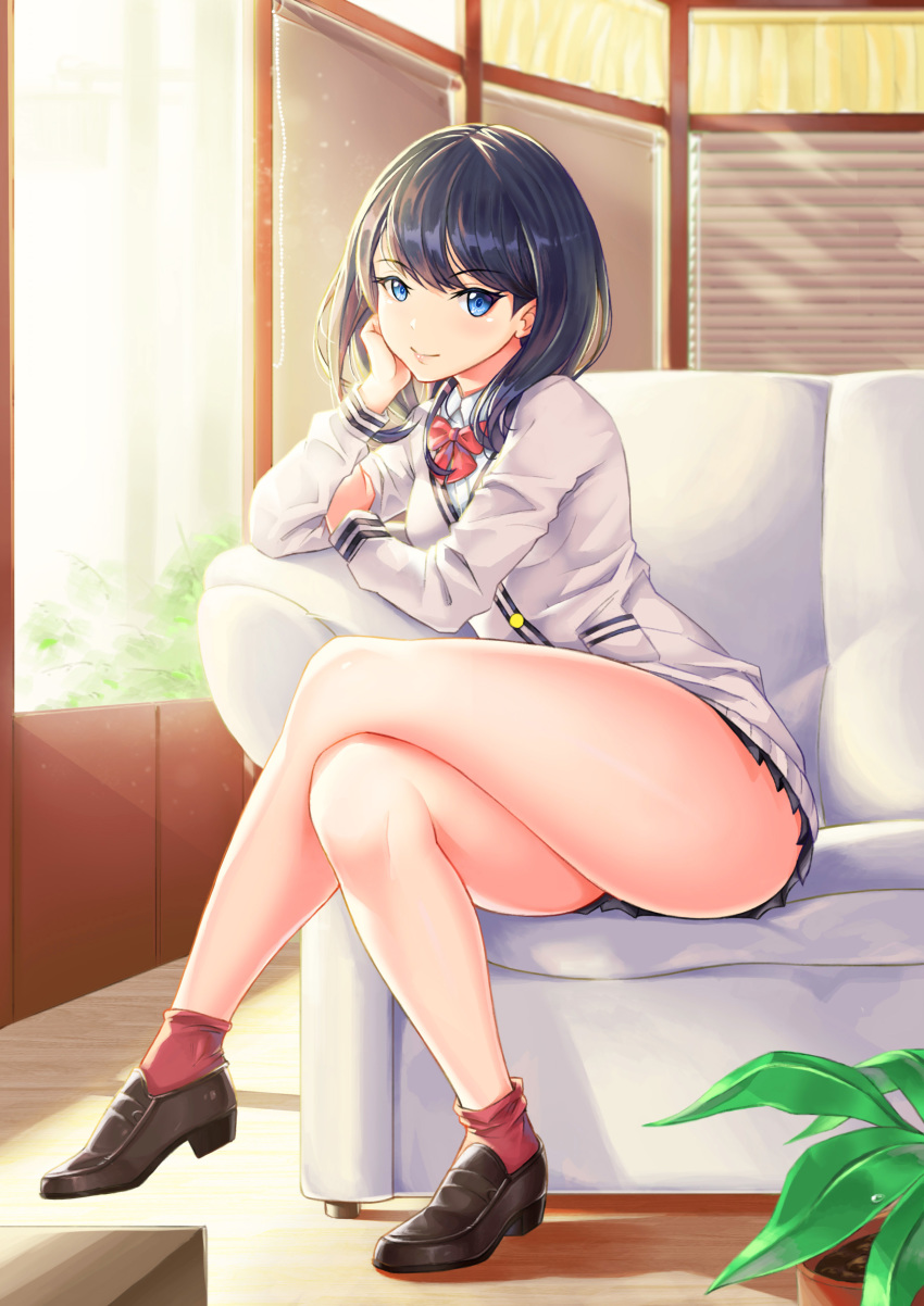 absurdres bangs bare_legs blue_eyes blue_hair blush bow bowtie cardigan commentary_request couch crossed_legs day flower_pot full_body gi_gi half-closed_eyes hand_on_own_cheek highres indoors legs long_sleeves looking_at_viewer medium_hair miniskirt on_couch plant pleated_skirt school_uniform shoes sitting skirt smile socks ssss.gridman sunlight swept_bangs takarada_rikka thighs window