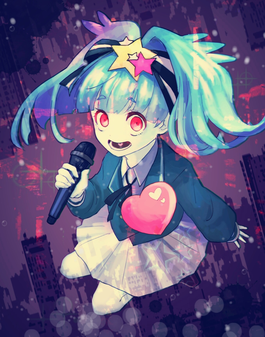 :d blazer blue_hair eyebrows_visible_through_hair full_body green_jacket hair_ornament hair_ribbon heart highres holding holding_microphone hoshikawa_lily jacket juu_(washi_jayo00) looking_at_viewer microphone neck_ribbon open_mouth pleated_skirt red_eyes ribbon school_uniform skirt smile solo star star_hair_ornament twintails white_skirt zombie zombie_land_saga
