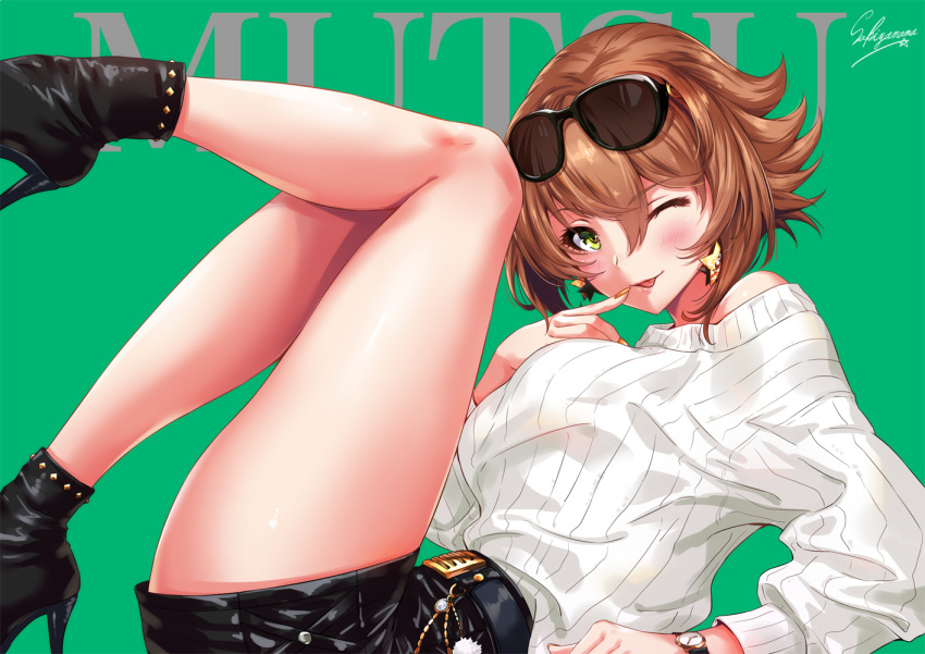 anchor artist_name black_footwear blush boots breasts brown_hair character_name eyewear_on_head finger_to_mouth from_side gloves green_background green_eyes grin hair_between_eyes heart high_heels kantai_collection large_breasts leg_up lips long_sleeves looking_at_viewer lying mutsu_(kantai_collection) on_back one_eye_closed ribbed_sweater sakiyamama short_hair smile solo sunglasses sweater thighhighs white_sweater