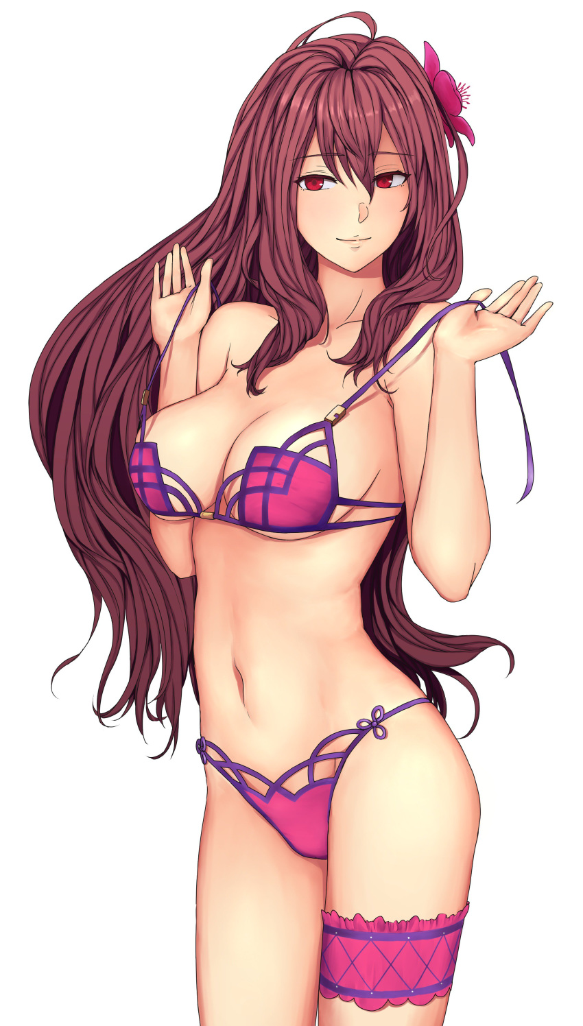 absurdres bikini breasts brown_hair cleavage collarbone eyebrows_visible_through_hair fate/grand_order fate_(series) floating_hair flower groin hair_between_eyes hair_flower hair_ornament highres large_breasts long_hair looking_at_viewer navel purple_bikini red_eyes red_flower scathach_(fate)_(all) scathach_(swimsuit_assassin)_(fate) sideboob simple_background solo sosona standing swimsuit thigh_strap underboob untied untied_bikini very_long_hair white_background