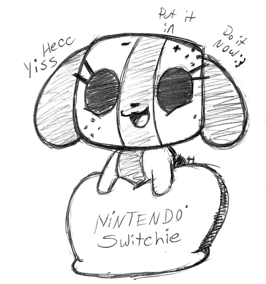 :3 beady_eyes canine dog english_text featureless_chest female greyscale hi_res mammal midnytesketch monochrome multicolored_skin nintendo nintendo_switch open_mouth pose short_stack simple_background sketch smile solo standing switch switch_dog text two_tone_skin video_games