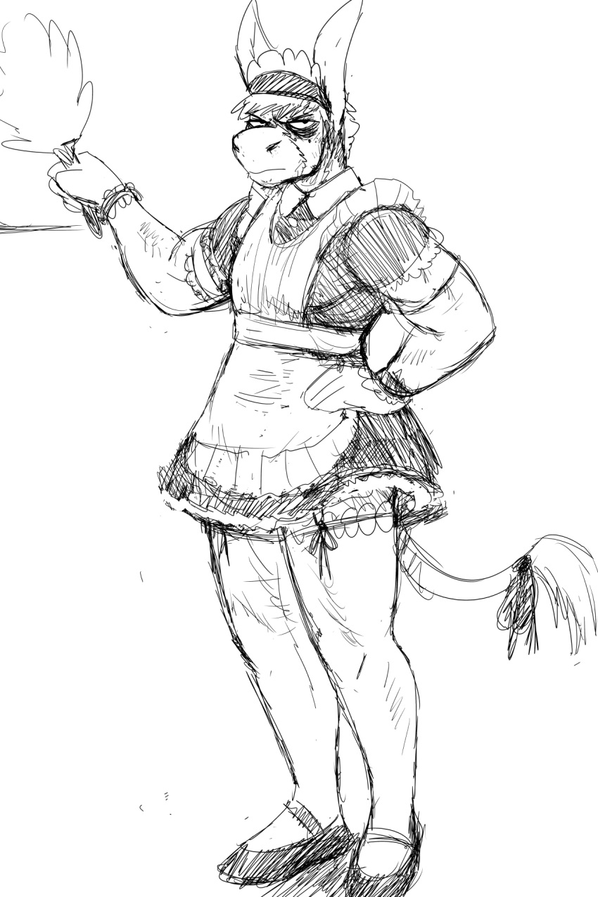 angry anthro apron armwear bow clothed clothing crossdressing donk donkey elbow_gloves equine feather_duster gloves half-closed_eyes hand_on_hip hi_res hladilnik legwear looking_at_viewer maid_uniform male mammal monochrome muscular muscular_male ribbons simple_background sketch solo thigh_highs uniform white_background