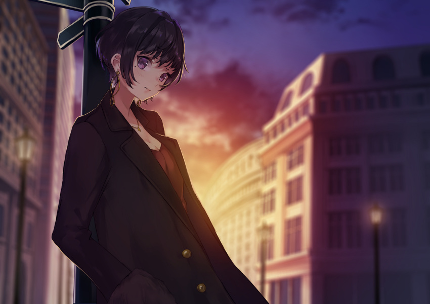 backlighting bangs black_coat black_hair blurry blurry_background blush breasts building buttons cleavage closed_mouth cloud cloudy_sky coat commentary_request depth_of_field earrings expressionless gradient_sky hair_intakes hand_in_pocket hoop_earrings jewelry kusaka_kou lamppost leaning_on_object long_coat long_sleeves looking_at_viewer mole mole_under_eye necklace open_clothes open_coat original outdoors purple_eyes red_shirt shirt short_hair sidelocks sign sky solo sunlight twilight wing_collar