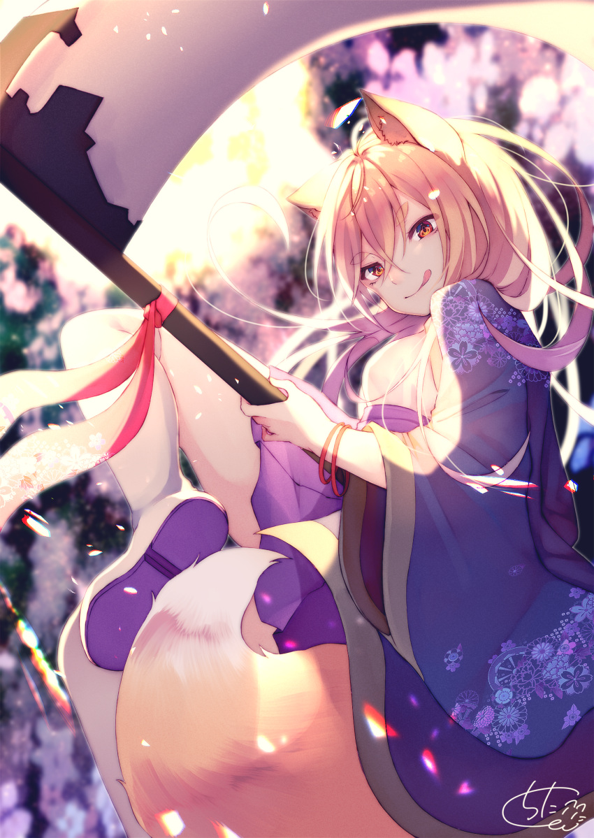 animal_ears bangs blurry blurry_background blush boots breasts chita_(ketchup) closed_mouth commentary_request depth_of_field eyebrows_visible_through_hair fox_ears fox_girl fox_tail hair_between_eyes haori head_tilt highres holding holding_scythe japanese_clothes licking_lips light_brown_hair long_hair long_sleeves looking_at_viewer looking_to_the_side original pleated_skirt purple_skirt red_eyes scythe shoe_soles short_eyebrows signature skirt small_breasts smile solo tail thick_eyebrows thigh_boots thighhighs tongue tongue_out very_long_hair white_footwear white_legwear wide_sleeves