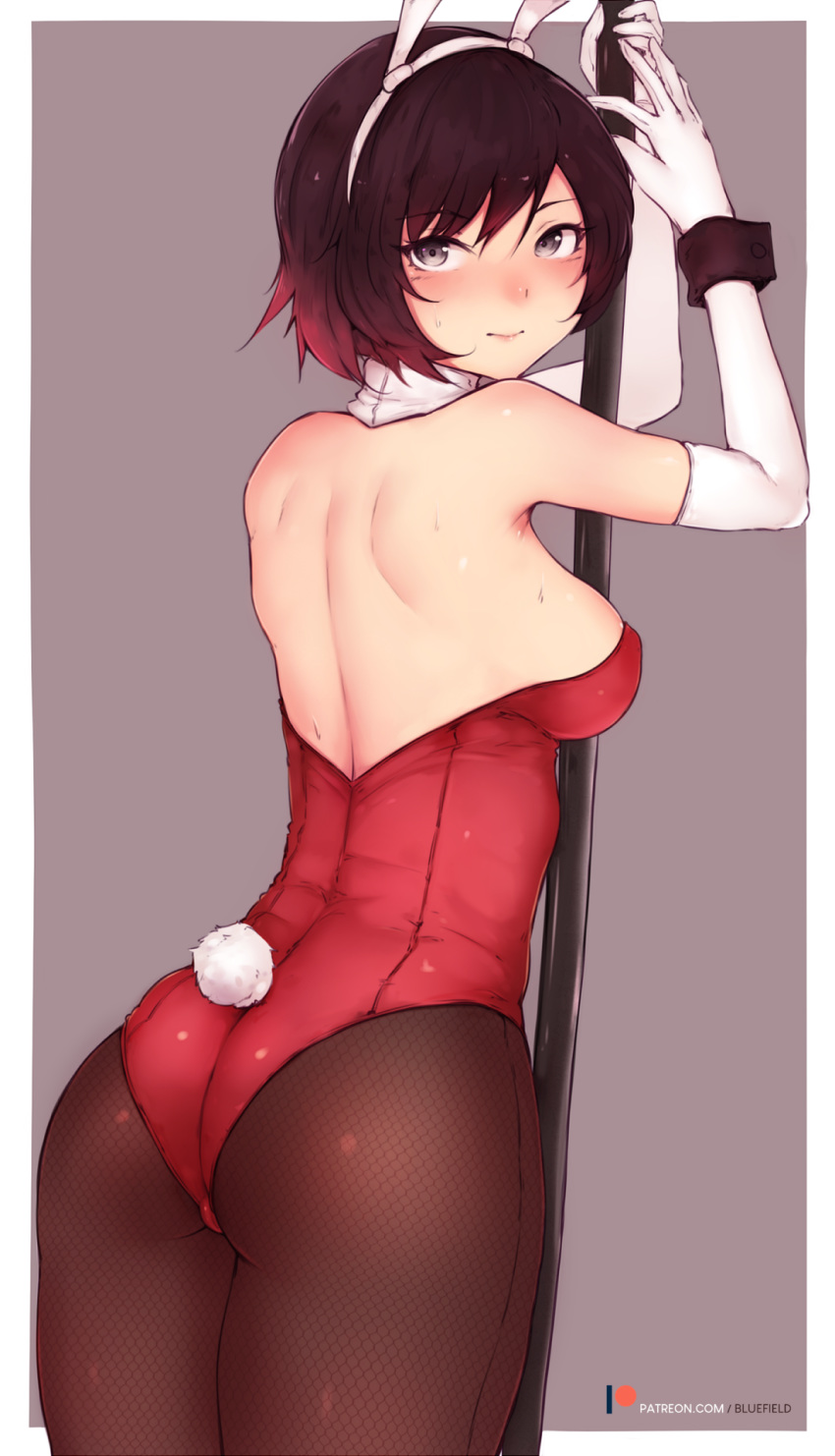 animal_ears ass bare_shoulders black_hair bluefield breasts bunny_ears bunny_tail bunnysuit commentary elbow_gloves fake_animal_ears from_behind gloves grey_eyes hairband highres honeycomb_(pattern) looking_at_viewer looking_back medium_breasts pantyhose patreon_username pole ruby_rose rwby short_hair solo tail white_gloves