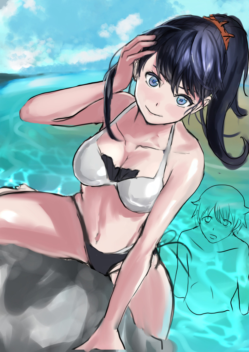 1boy 1girl absurdres animal_print bangs beach bikini black_bikini_bottom black_hair blue_eyes blue_sky blush breasts cloud cloudy_sky commentary_request couple day hair_ornament hair_scrunchie hand_on_own_head hetero hibiki_yuuta highres kurosawa_(hjkl42332) large_breasts long_hair looking_at_another looking_at_viewer medium_breasts mismatched_bikini navel ocean orange_scrunchie partially_submerged ponytail scrunchie shirtless side-tie_bikini sky ssss.gridman swimsuit takarada_rikka tiger_print viride water wet wet_clothes