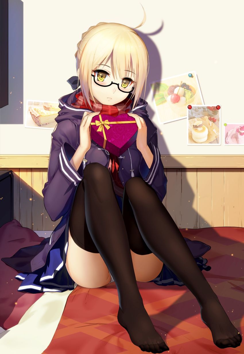absurdres ahoge artoria_pendragon_(all) bangs black-framed_eyewear black_legwear blue_skirt blush box braid closed_mouth coat commentary_request duffel_coat eyebrows_visible_through_hair fate/grand_order fate_(series) french_braid gift gift_box glasses heart-shaped_box highres holding holding_gift hood hooded_jacket indoors jacket looking_at_viewer mysterious_heroine_x_(alter) no_shoes open_clothes open_coat panties pantyshot pantyshot_(sitting) plaid plaid_scarf pleated_skirt red_scarf scarf semi-rimless_eyewear sitting skirt solo thighhighs under-rim_eyewear underwear vmax-ver white_panties yellow_eyes