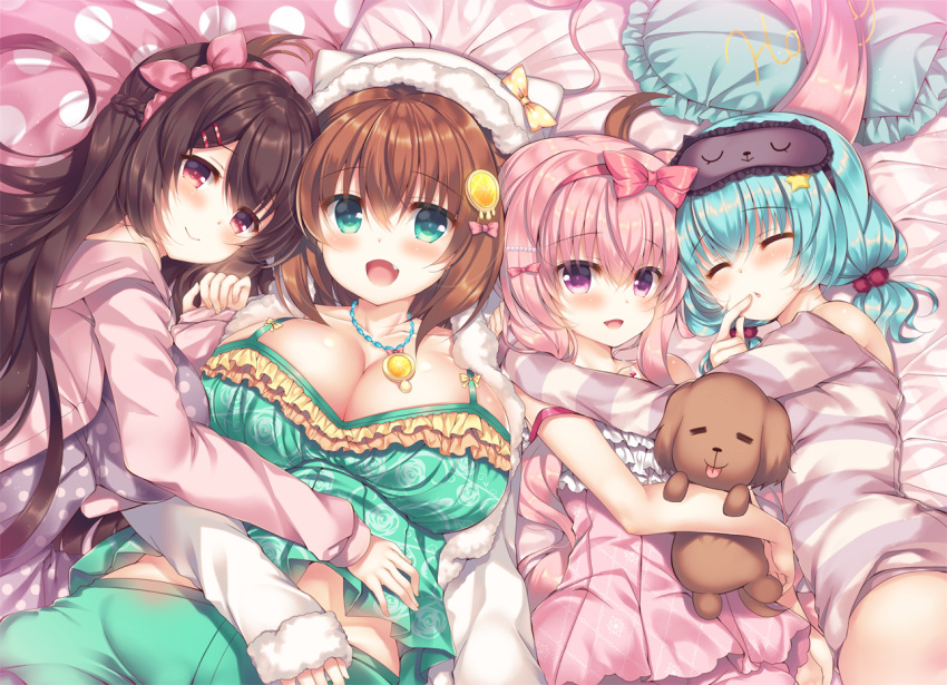 :d animal_ears animal_hat aoki_kaede bangs bare_shoulders bed_sheet blue_hair blush braid breasts brown_hair cat_ears cat_hat cleavage collarbone commentary_request dress eyebrows_visible_through_hair frills fur-trimmed_sleeves fur_trim green_eyes green_shorts hair_between_eyes hair_bobbles hair_ornament hair_ribbon hairclip hat hug jacket large_breasts lilia_chocolanne long_sleeves looking_at_viewer low_twintails lying mask mask_on_head multiple_girls object_hug on_back on_side open_clothes open_jacket open_mouth original pillow pink_dress pink_hair pink_jacket pink_ribbon polka_dot polka_dot_dress purple_dress purple_eyes red_eyes ribbon short_shorts short_twintails shorts sleep_mask sleeves_past_wrists smile star striped_jacket stuffed_animal stuffed_dog stuffed_toy suzune_rena twintails white_hat